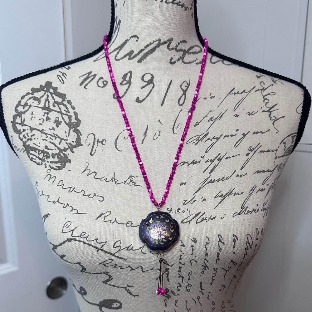 Vintage Pink Beaded Necklace with Purple Enamel Floral Pendant